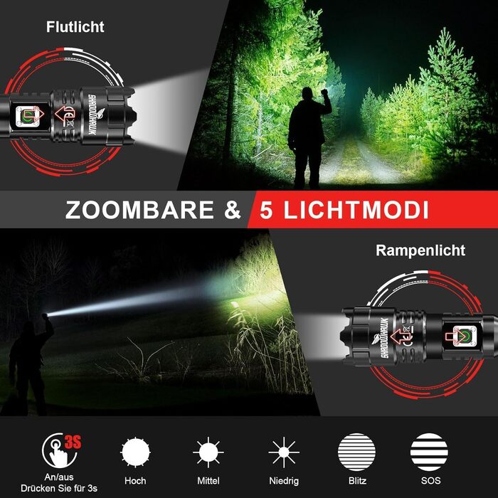 Ліхтарик LED Shadowhawk: надпотужний, 1000000 люмен, USB-зарядка, XHP70.2, тактичний, IP67, 5 режимів, Zoom, для кемпінгу, походів, надзвичайних ситуацій, чорний