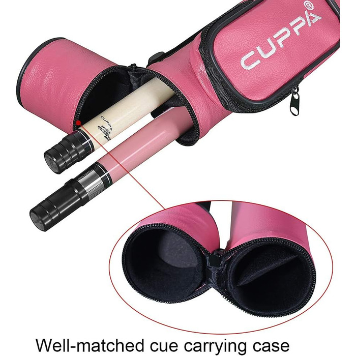 Cuppa: жіночий бильярдний кий, 11,75/13 мм наконечники, рожева обкладинка, комплект аксесуарів (крейда, наконечники, рукавичка, рушник, захист суглоба) 12,75 мм