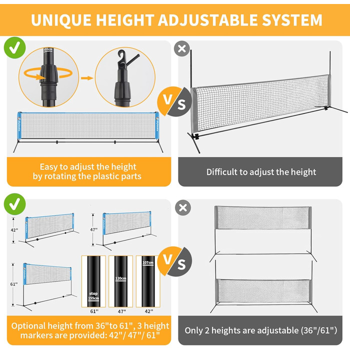 Набір для бадмінтону та піклболу портативний 10 футів з регульованою висотою, 2 ракетки для бадмінтону та 2 піклболу