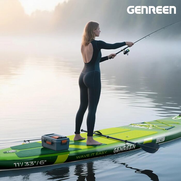 Надувне SUP-борд GENREEN (Extra Groß) для всіх рівнів підготовки, 335x86 см, для дорослих, з аксесуарами, з тримачем для камери, 3 фіни, вантажопідйомність до 200 кг (Monstera green)