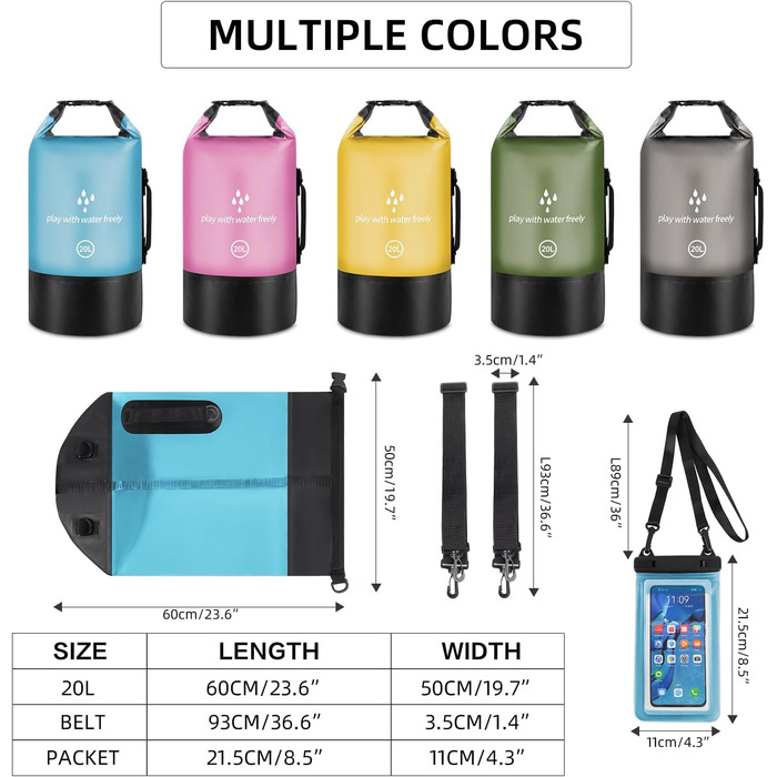 Водонепроникний сухий мішок GES 20 л Roll-Top з кишенею для телефону - для каякінгу, сплаву, кемпінгу та риболовлі (Світло-блакитний)