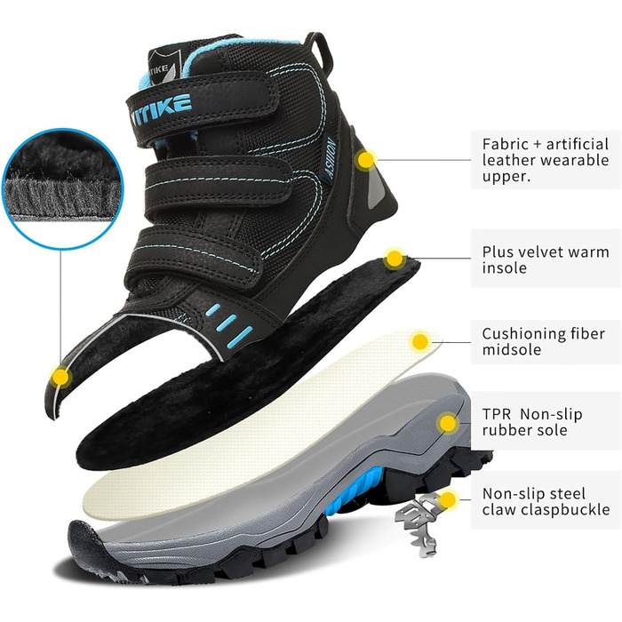 VITIKE Зимові черевики для дітей (хлопчики/дівчатка) - теплі, водонепроникні, для снігу та трекінгу, 33 EU, чорно-синій