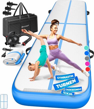 Надувна гімнастична матка KESSER® Airtrack 2м/3м/4м/5м/6м | Килимок для фітнесу, йоги, акробатики | з сумкою та електропомпою | Мінт-зелений (блакитний)