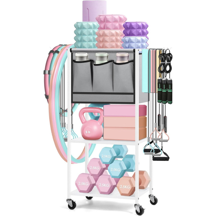 Стойка для гантелей для дому, багаторівнева полиця для зберігання, органайзер для йога-килимка та фасційного ролика, аксесуари для тренувань з роликами та гачками, білий
