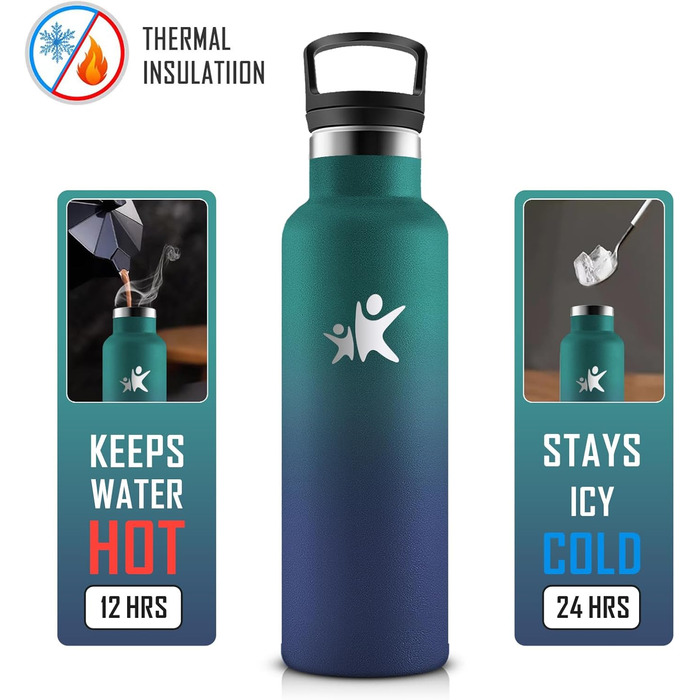 Фляга KollyKolla 750 мл з нержавіючої сталі, ізольована, з трубочкою, BPA-Free, для газованої води, вакуумна термофляга, фляга для води для дорослих, універсальна, для спорту, офісу, тренажерного залу, велосипеда, кемпінгу, темно-синій (500 мл, темно-зеле