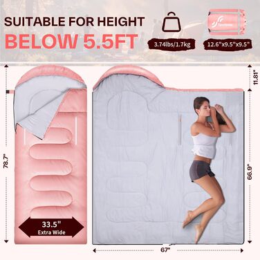 Сплячий мішок Sportneer Outdoor - ковдровий спальний мішок 3-4 сезони для дорослих, теплий, для кемпінгу, подорожей та активного відпочинку (200x85 см, Рожевий)