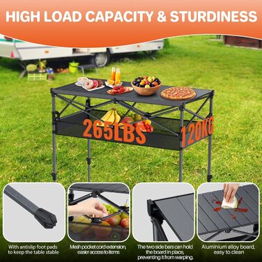 Складаний туристичний стіл FUNYKICH 82x40 см з регулюванням висоти (44/70 см), з сітчастою кишенькою, для пікніка, кемпінгу, BBQ, саду, партії. Розміри: 100x50x(70/87) см