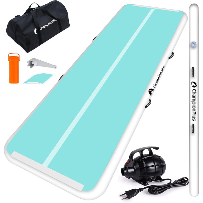 Гімнастичний надувний мат Track 5м з електричним насосом, для йоги, кемпінгу, фітнесу та спорту, двостороння м'ятно-зелена 300x100x10см