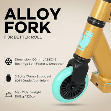 Скутер для трюків Joycruise Profi Scooters – ідеальний вибір для дітей та підлітків (від 6 років). Міцний фристайл-скутер з 360° поворотом та колесами 100 мм. Чорний колір, золоті акценти.