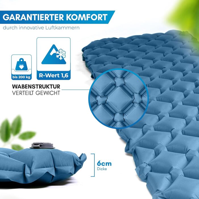 Каремат надувний NORDMUT® Ultraleicht з ремкомплектом - легкий, компактний, водонепроникний для кемпінгу, фестивалів та відпочинку на природі (синій)