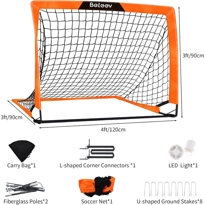 Дитячі футбольні ворота BELEEV для саду та ігор у приміщенні, 4x3/6x4 ft, з LED-підсвічуванням, портативні, складані, з сумкою для перенесення, 120*90 см (2 шт.)