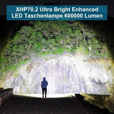 Потужний ліхтар XHP70.2 з 600000 люмен, водонепроникний IPX67, перезаряджуваний USB-C, з зумом, 5 режимів освітлення, акумулятор 5000 mAh + 3 x AAA