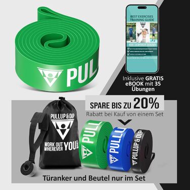 Набір фітнес-резинок PULLUP & DIP для тренувань: 3 рівні опору (Light, Medium, Strong), з чохлом, дверним якорем і посібником, для підтягувань, кросфіту, каллістеніки