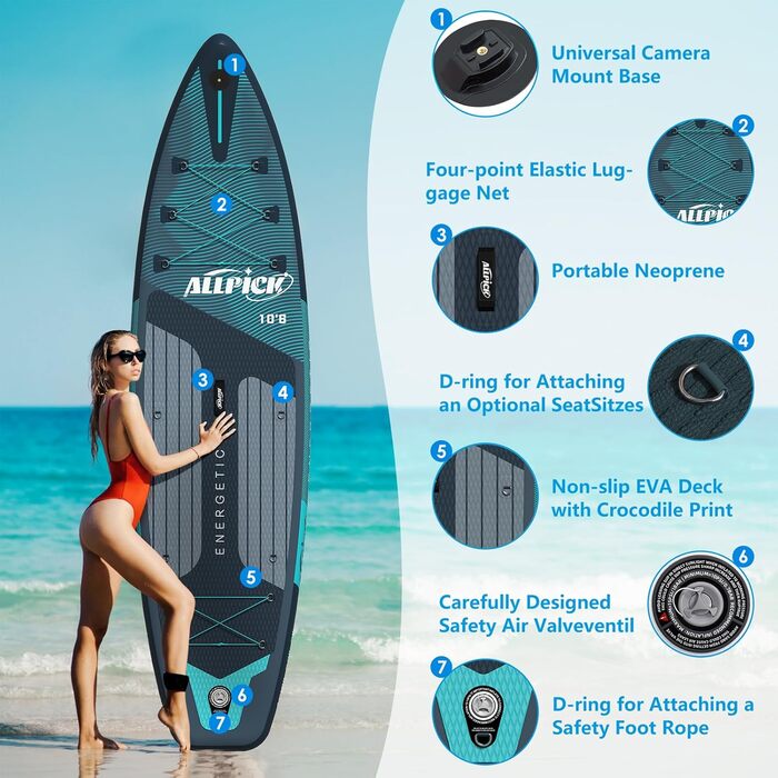 Надувний SUP Борд ALLPICK Premium: Комплект для SUP-бордингу з аксесуарами, тримачем для камери, регульованим веслом, 180 кг, преміум-зелений
