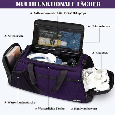 Спортивна сумка чоловіча 40L, рюкзак-трансформер з відділенням для взуття та мокрих речей, водонепроникна, для тренувань, подорожей, універсальна (фіолетовий)