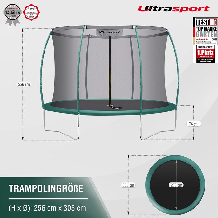 Трамплін Ultrasport Deluxe, Ø 244/305/366/430 см, сертифікований TÜV Rheinland + GS, повний комплект, круглий садовий трамплін, з м'якими стійками, захисним сіткою та захисним покриттям (Deluxe - Ø 305 см)