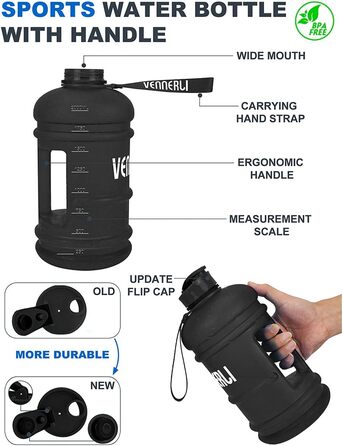 VENNERLI Спортивна пляшка для води 2,2 л, пластикова, зручна ручка, BPA Free, не протікає, для тренувань, фітнесу, спортзалу, офісу та дому, матова синя
