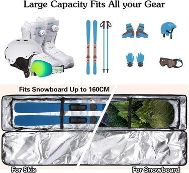 Чохол для сноуборду/лиж з колесами, 1680D Oxford, водонепроникний, для подорожей літаком, 164 см