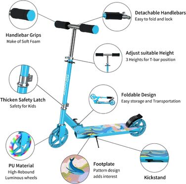 IMMEK Дитячий самокат з 2 колесами, складаний, з LED підсвіткою, регульована висота, PU-колеса, до 80 кг, для хлопчиків і дівчаток від 4 років
