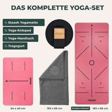 STAASH Преміум комплект килимків для йоги – нековзний з PU та натурального каучуку (4,5 мм) – з рушником для йоги, ремінєм та наколінником – широкий та довгий – довговічний, студійного зразка для жінок та чоловіків, рожевий