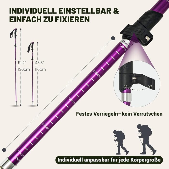 Чоловічі та жіночі палки для скандинавської ходьби, 2 шт. Телескопічні палки для трекінгу з алюмінію з гумовими амортизаторами, фіолетовий колір