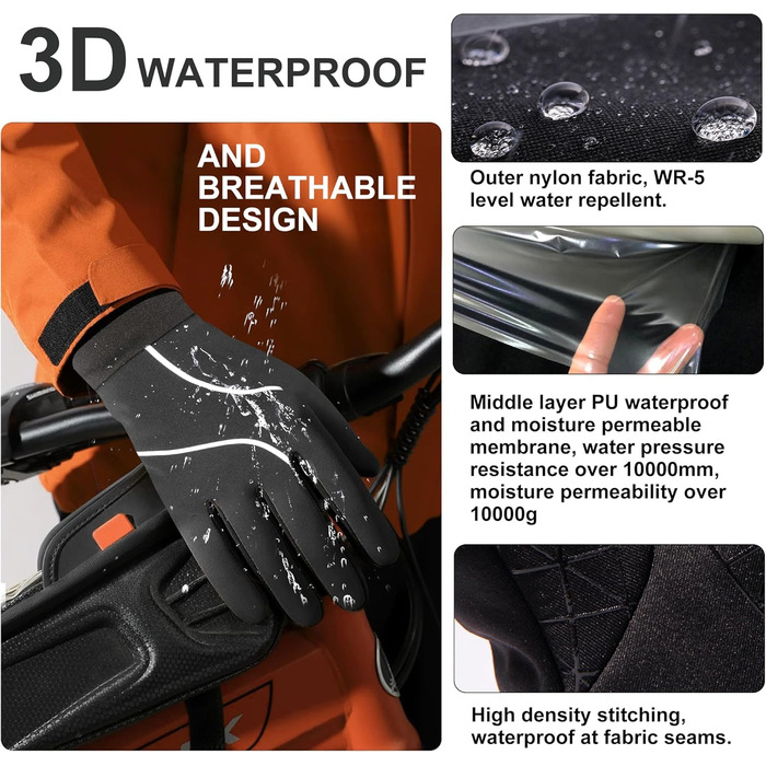 Рукавички зимові Origem Thermo з Thinsulate 3M, водонепроникні велосипедні рукавички, теплі рукавички-лайнери з антиковзким покриттям для сенсорних екранів, чорні, XS