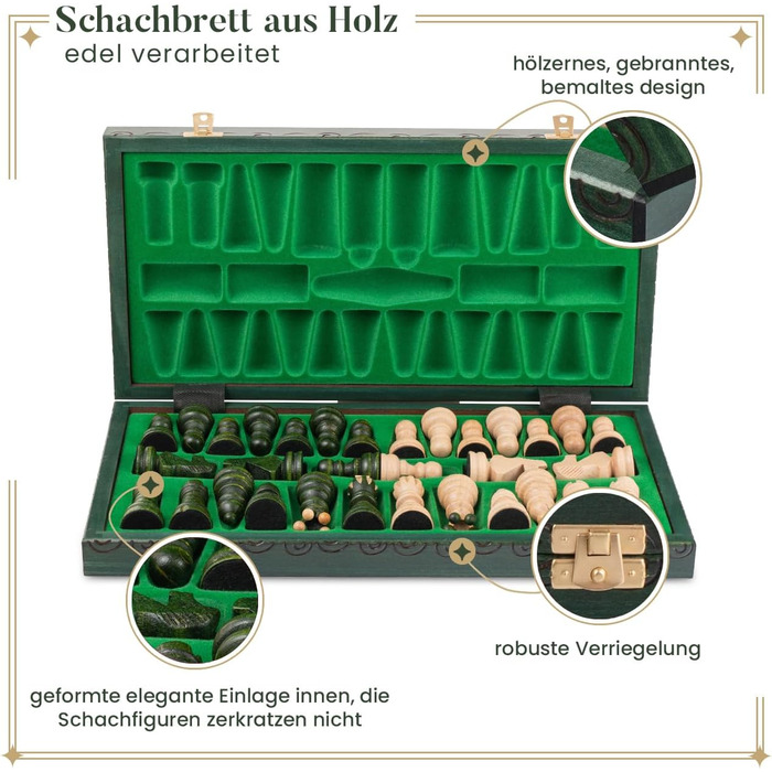 Шаховий набір з витонченим інтарсією з вишневого дерева Pearl XL | Master of Chess | Шаховий набір 42 см | Класичний шахи для дітей та дорослих - шахівниця з фігурами (Зелений XL)