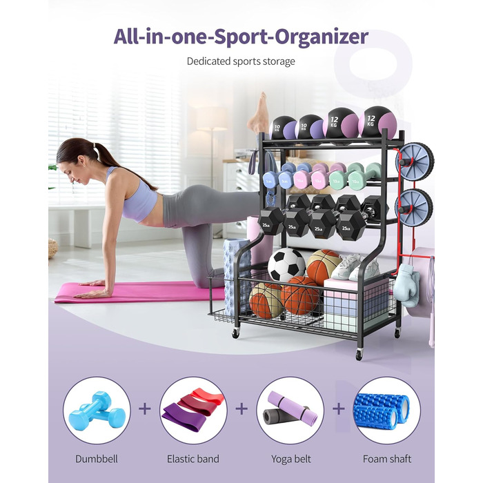 Стійка для гантелей та йога-матів ZACHVO – 160 кг, з 4 роликами та 8 гачками