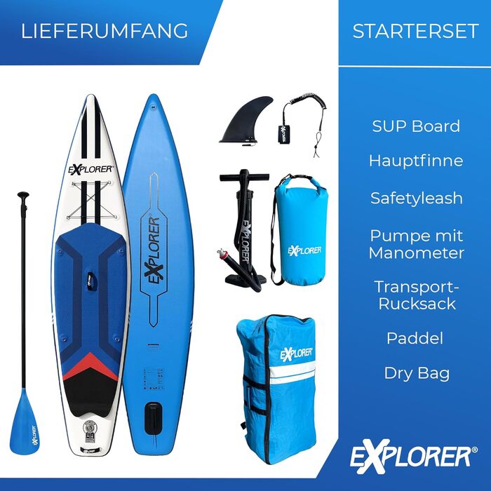 Надувна SUP-дошка EXPLORER TOURER 12.6 для плавання стоячи, комплект до 180 кг: алюмінієве весло, рюкзак, насос, плавник, ремкомплект