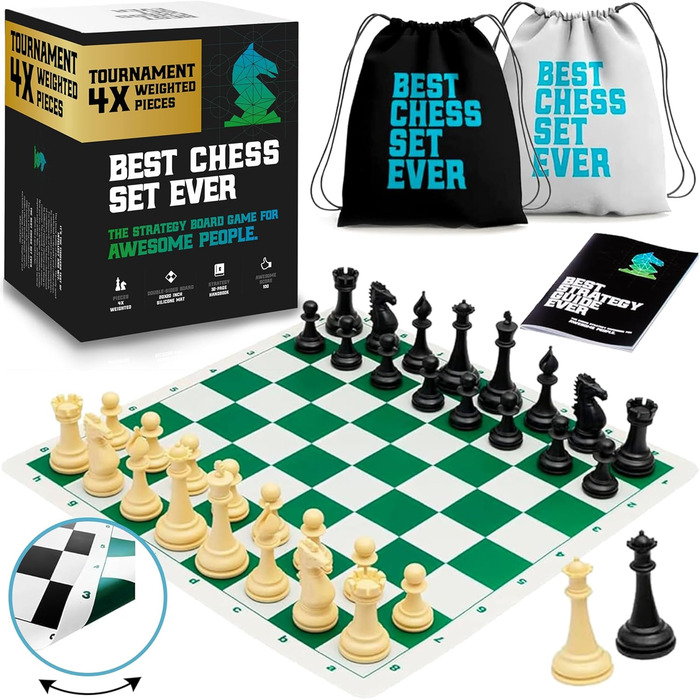 Професійний шаховий набір Best Chess Set Ever 4X: турнірні фігури Staunton із силікону, чотирикратна вага (король 11,4 см), складана двостороння дошка 50x50 см, для дорослих і дітей, комплект для турнірної гри