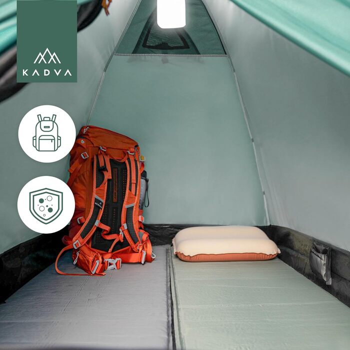 Намет KADVA для кемпінгу Festa 2, 200x120x105 см, на 2 особи, з москітною сіткою, водонепроникний, легкий, міцний, з каркасом з фібергласу, для кемпінгу та піших прогулянок, зелений