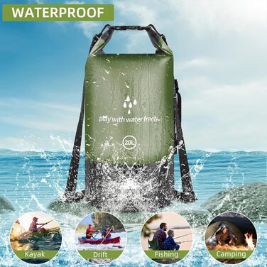 Водонепроникний мішок-сумок Dry Sack 20 л Roll-Top від GES, з кишенею для телефону, для каякінгу, човнів, походів, каное, рафтингу, плавання, кемпінгу та риболовлі (армійний зелений)