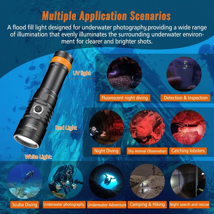 Ліхтар підводний ORCATORCH D710V MK2 з 2300 люменів, білий+UV+червоний світлодіодний, IP68 водонепроникний, 150м, для відеозйомки, дайвінгу, кемпінгу