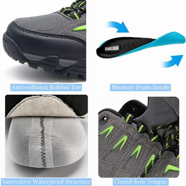 Черевики для туризму SHULOOK чоловічі водонепроникні, легкі, трекінгові, з підтримкою гомілкостопа, антиковзаючі, сірі, зелені, 44 EU