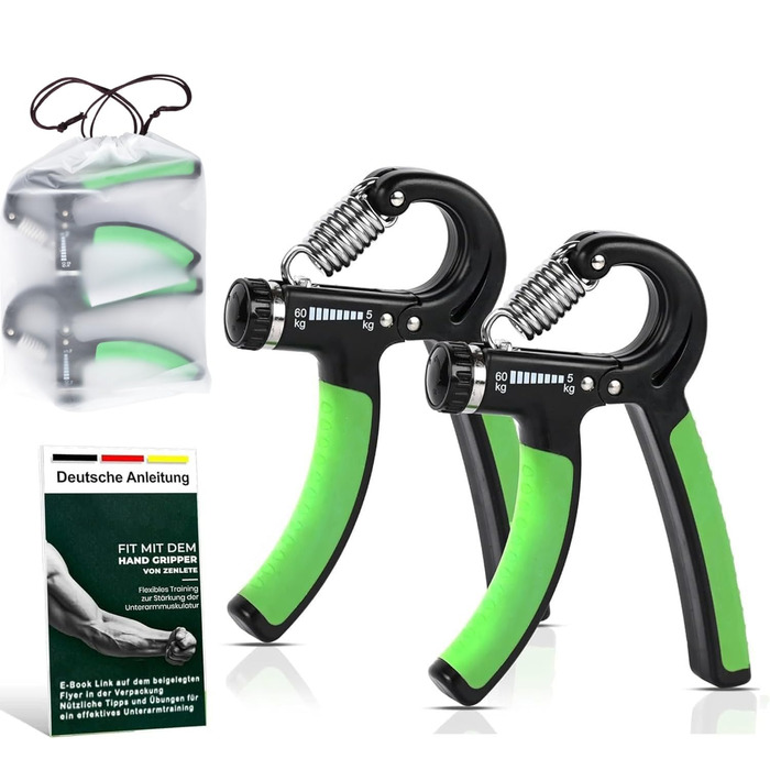 Фітнес-тренажер для пальців Profi Fitness Handtrainer, регульований 5-60 кг, для зміцнення пальців та підсилення хвата, тренажер для підготовки передпліч, 2 шт. (зелений) + E-Book з вправами