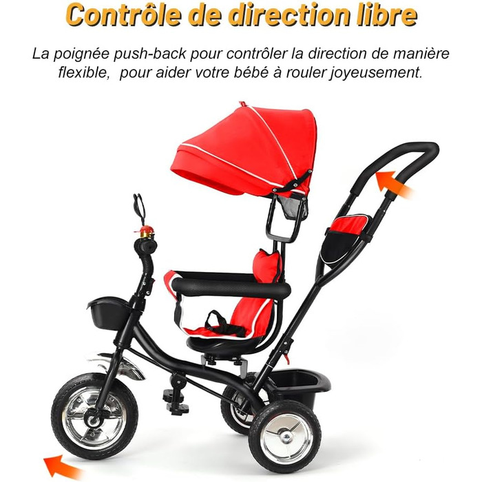 Триколісний велосипед 4 в 1 для дітей від 1 року з батьківською ручкою – дитячий триколіс для 1-4 роки до 25 кг, регульована батьківська ручка, поворотне сидіння, складаний козирок та кошик – компактний та безпечний (Червоний)