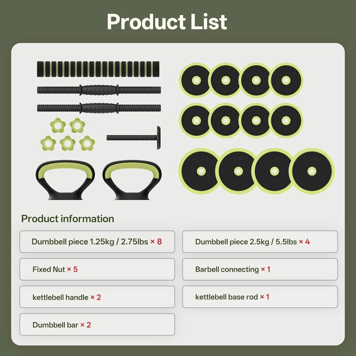 PASYOU Набір гантелей регульовані 20 кг 4 в 1: гантелі, гиря, гантелі з'єднувачем, штанга для домашніх тренувань (зелений)