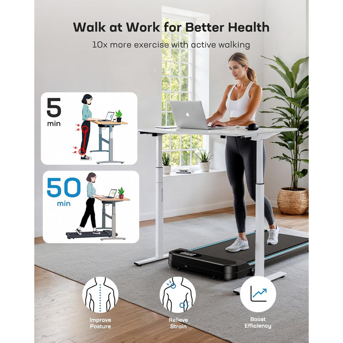 Бігова доріжка HUANUO Walking Pad для дому та офісу з нахилом 5%, вантажопідйомністю 150 кг, 2.5 к.с., з пультом та LED-дисплеєм, чорна