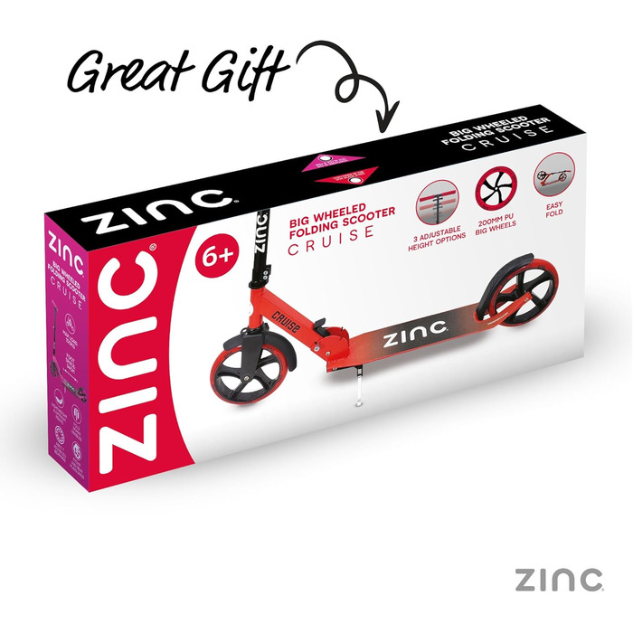 Самокат дитячий Zinc Cruise Big Wheel складаний, регульована висота, колеса 200мм, підшипники ABEC-7, червоно-чорний