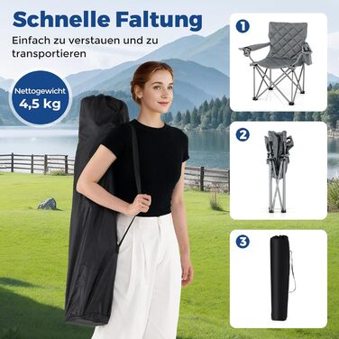 Крісло для кемпінгу Costway XXL, 227 кг, з підлокітниками та кишенею для напоїв, сіре