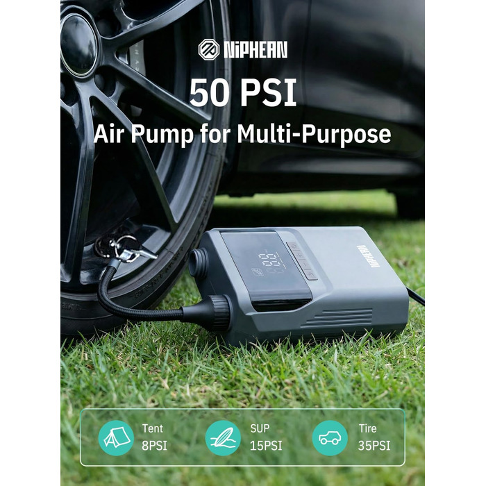 Електричний насос Niphean для SUP-дощок та автомобільних шин, 50 PSI, з подовженим кабелем зарядки 300 см та сумкою для зберігання