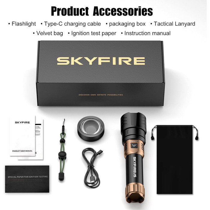 Ліхтарик LED SKYFIRE акумуляторний 5000 люмен, з функцією запалювання, зумом та Power Bank для кемпінгу та надзвичайних ситуацій