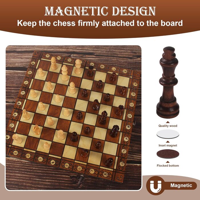 Набір для гри в шахи 3-в-1, дерев'яний, магнітний, 34 x 34 см. Шахи для дітей, для ігор, сімейних вечірок