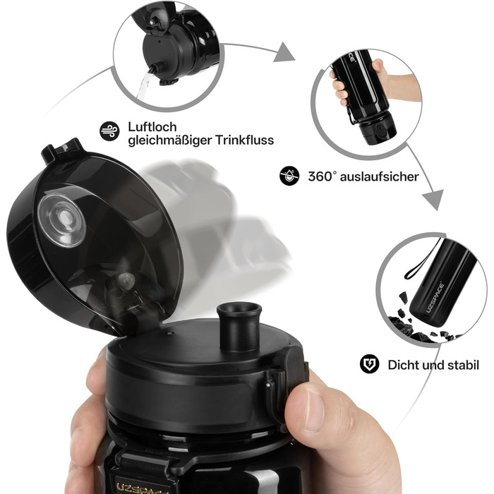 Водяна пляшка UZSPACE 750 мл: Tritan, без BPA, для дітей, велосипед, фітнес, Outdoor (чорний)