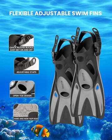 Набір для снорклінгу OutdoorMaster Mobula для дорослих: маска, трубка, ласти. Сірий/Чорний, S/M. Панорамний огляд, антизапарник, суха трубка