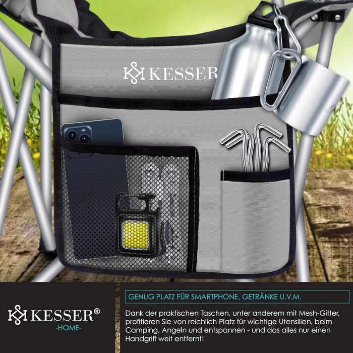 Крісло для кемпінгу KESSER® з підлокітниками, високою спинкою, місткістю до 150 кг, сіре/чорне, з підсвіткою та тримачем для напоїв