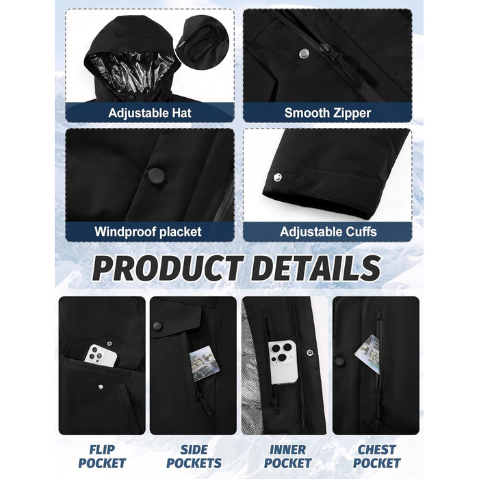 Зимова куртка для чоловіків, водонепроникна, для катання на лижах та сноуборді, тепла, з капюшоном та компасом (Синій, M), Чорний L