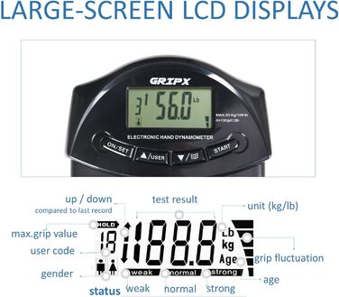 Цифровий ручний динамометр GRIPX для вимірювання сили хвата, електронний, 90 кг / 198 lbs, чорний