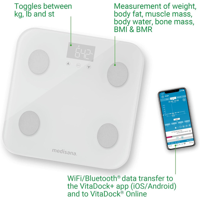Ваги-аналізатор медичні Medisana BS 600 до 180 кг з Wi-Fi/Bluetooth, вимірювання жиру, води, м’язів, кісткової маси, додаток VitaDock+, електроди з нержавіючої сталі