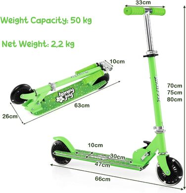 Дитячий самокат Kinder Scooter з LED колесами, алюмінієвий, складаний, регульована висота (до 50 кг), зелений